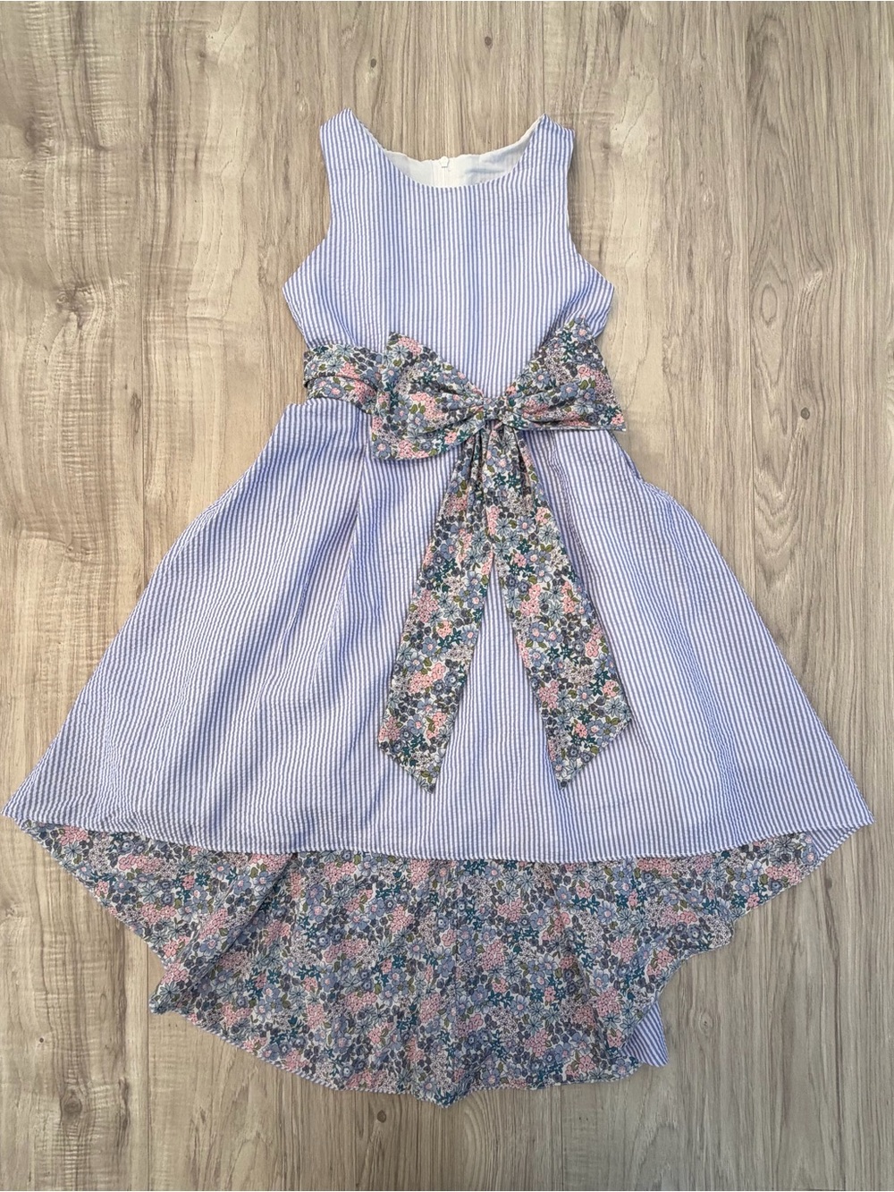 Rare Editions blue-and-white striped seersucker dress